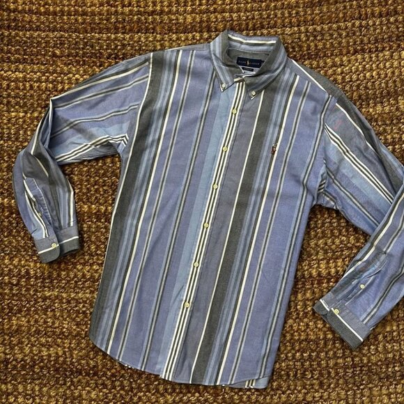 Polo Ralph Lauren Mens Long Sleeve Shirt Blue Vertical Striped Classic Fit Oxfor - Picture 1 of 7